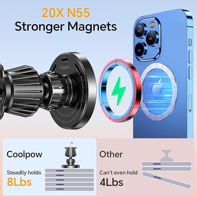 Coolpow for MagSafe Car Mount Charger【Upgraded Strongest Magnet Power】Magnetic Phone Holder for Car Vent【360 Adjustable】Magnetic Car Phone Holder Mount Charger for iPhone 16 Pro Max 15 14 13 12 Plus