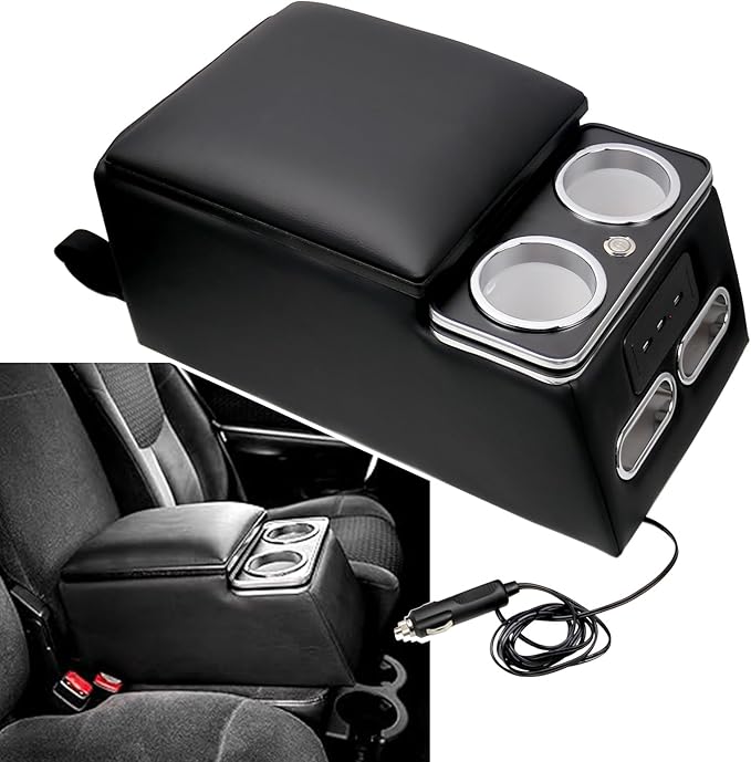 Black Universal Truck Seat/Bench Organizer with LED Light, USB Port, Cup Holders, Armrest, Padded Top Lid - Ideal for Business Upgrade Center Console Organizerand
