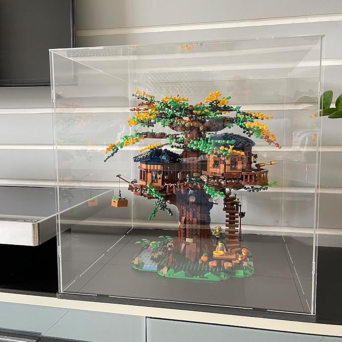 Choowin Large Acrylic Display Case for Lego Ideas Tree House 21318 & Piano 21323 - Thickened Clear Acrylic Display Box for Collectibles - Dustproof, Assemble, Black Base