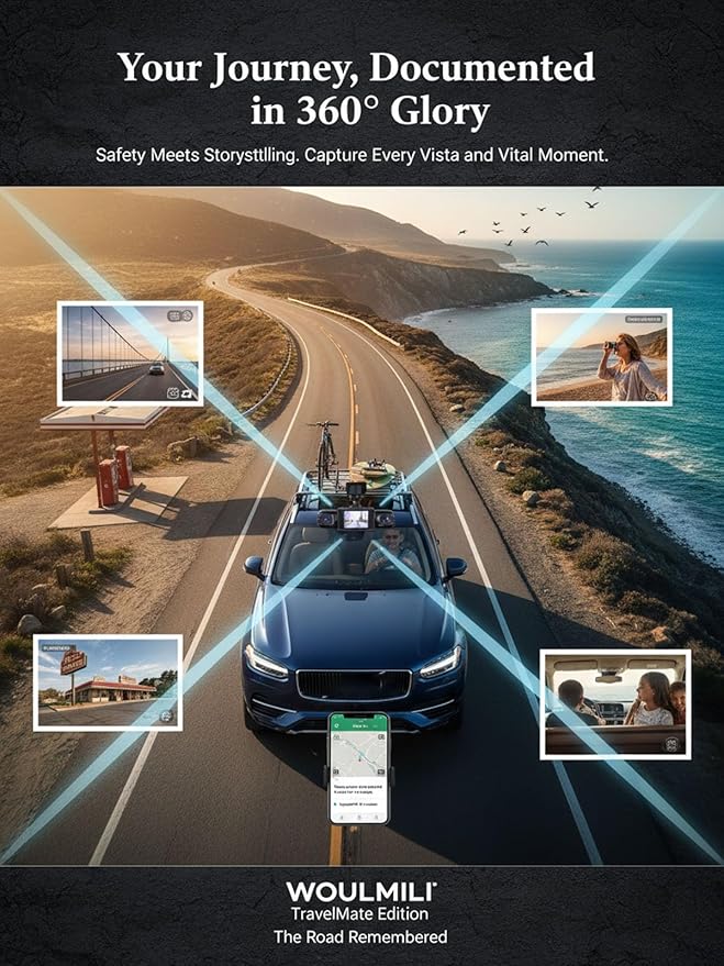 Full View Car Dashcam Wireless System 360 Car DVR WiFi 4 Channel Dash Cam Video Recorder Camera for Cars, Front and Rear Inside with Infrared Lamps Night Vision (64G)