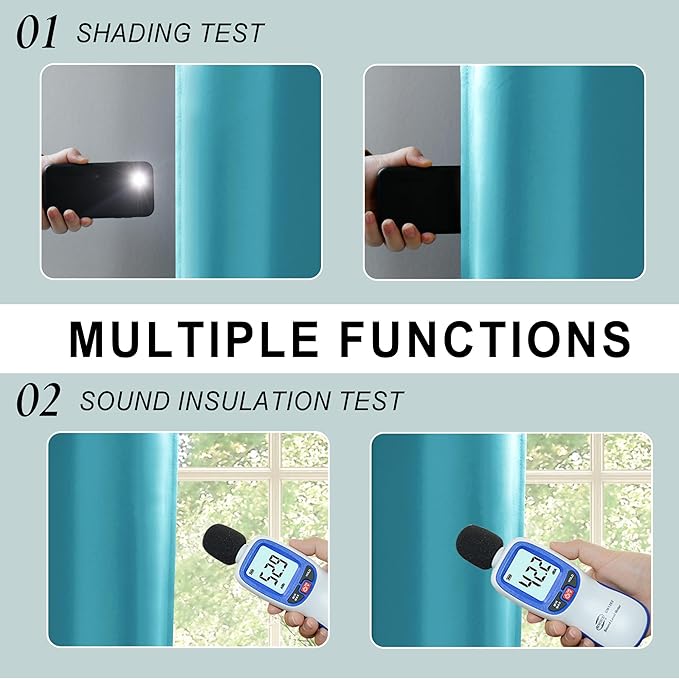 XWZO 100% Blackout Curtains 84 Inches Long with Tiebacks- Narrow Wide Heat Blocking and Soundproof Curtain Panels with Grommets for Basement/Bedroom, Turquoise, W38 x L84, Set of 2