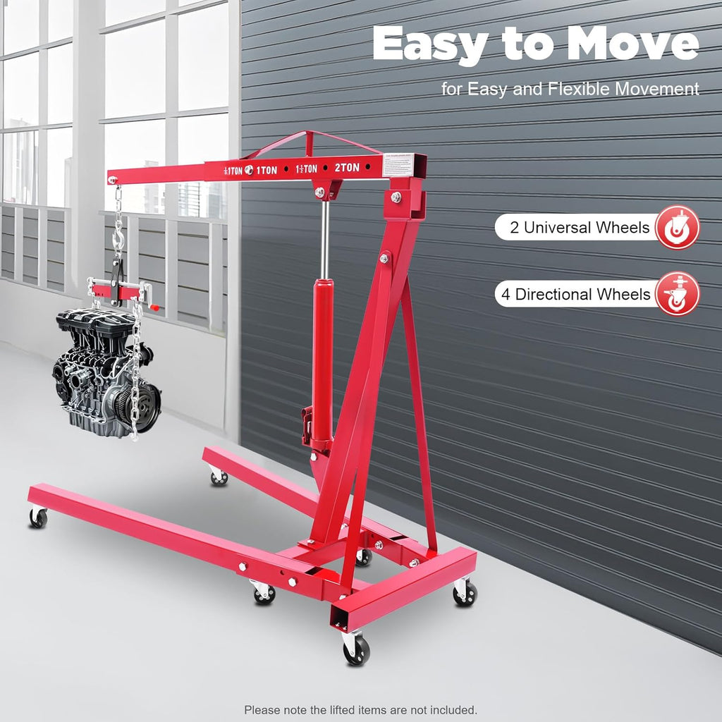 LOYALHEARTDY Engine Hoist with Lever, 2 Ton 4400 LBS Folding Cherry Picker Shop Crane Hoist Lift, Heavy Duty Hydraulic Engine Crane with 6 Casters, Engine Lift Hoist Lever for Engine Lifting Loading