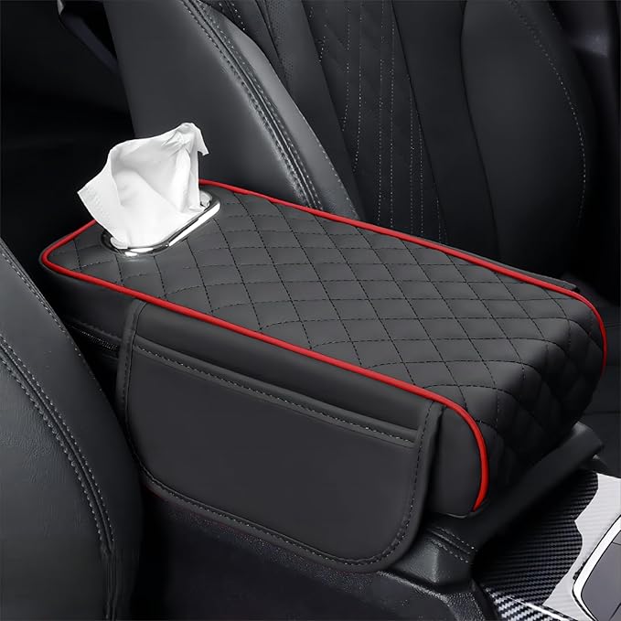 Center Console Cover Arm Rest Cover Leather Car Armrest Box Pad with Pocket Tissue Box Hole Auto Armrest Cover Cushion for Car Vehicle (Black-Red)