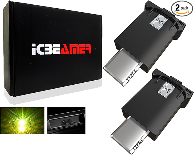 ICBEAMER Type C Adapters USB Ambient Light 2-Pack (Yellow) | Smart Interface, Miniature LED Night Lights for Car Interior, Trunk, Van, Pickup, Easy Plug-in, Create Cozy Atmosphere
