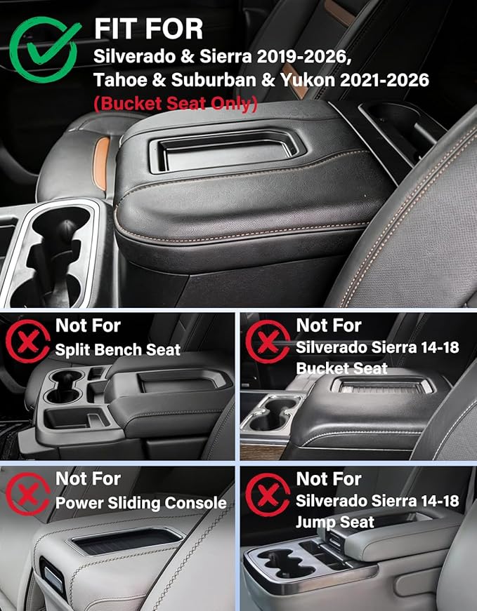 Center Console Armrest Cover for Chevy Chevrolet Silverado 1500/GMC Sierra 2019-2026, Tahoe/Suburban/Yukon 2021-2026, PU Leather Middle Console Lid Protector Cushion Thick Pad Black/Red(Bucket Seat)