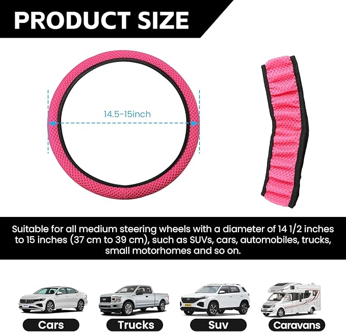Elastic Stretch Car Steering Wheel Cover, Comfortable Steering Wheel Cover Universal for 14.5-15 Inch, Warm in Winter & Cool in Summer, Anti-Slip Breathable Ice Silk (Rose Red)