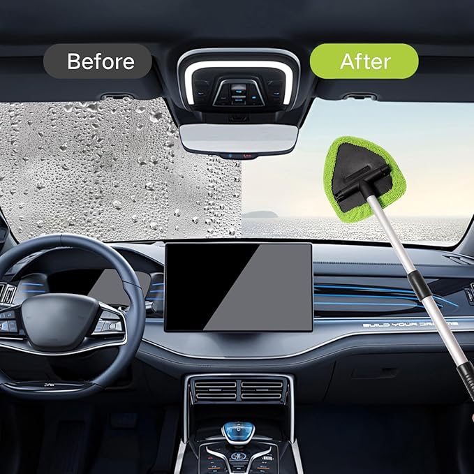 Qydipclin 10pcs Windshield Cleaner Tool, Car Window Cleaning Wash Kit with 4 Reusable Microfiber Pads 1 Spray Bottle and Extendable Handle Auto Glass Wiper Kit, Green