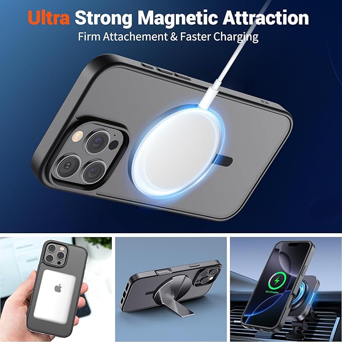 SUPFINE Magnetic for iPhone 16 Pro Case (Compatible with MagSafe) (Military Grade Drop Protection) Translucent Matte Shockproof with Anti-Fingerprint Phone Cover,Black
