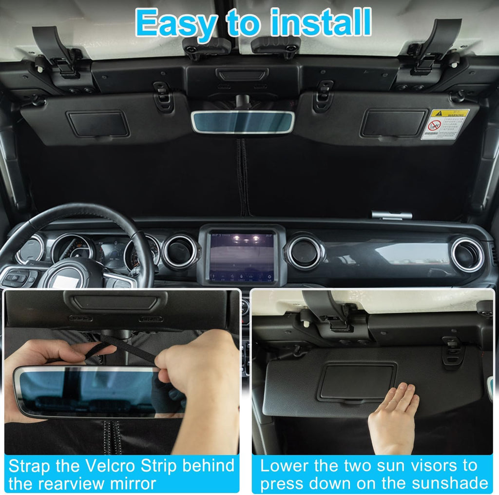 Premium Windshield Sun Shade for 2018-2025 Jeep Wrangler JL JLU & 2020-2025 Jeep Gladiator, Reflective 310T Material Front Window Sun Visor Blocks UV Rays Foldable Sunshade with Storage Pouch