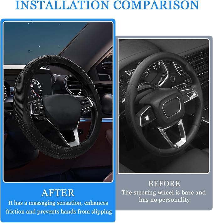 Wuyaoyao Car Steering Wheel Cover, Anti-Slip Silicone Steering Wheel Cover Protector, Non-Slip Massage Grip Auto Wheel Cover Fits 14-15 Inch, Universal Interior Car Accessories (Black)