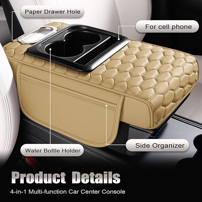 Priprilod Beige Car Center Console Armrest Pillow, Memory Foam with Cup Holder and Cell Phone Holder, Multifunctional Car Center Console Organizer, Universal Fit for Most Car Interior Accessories