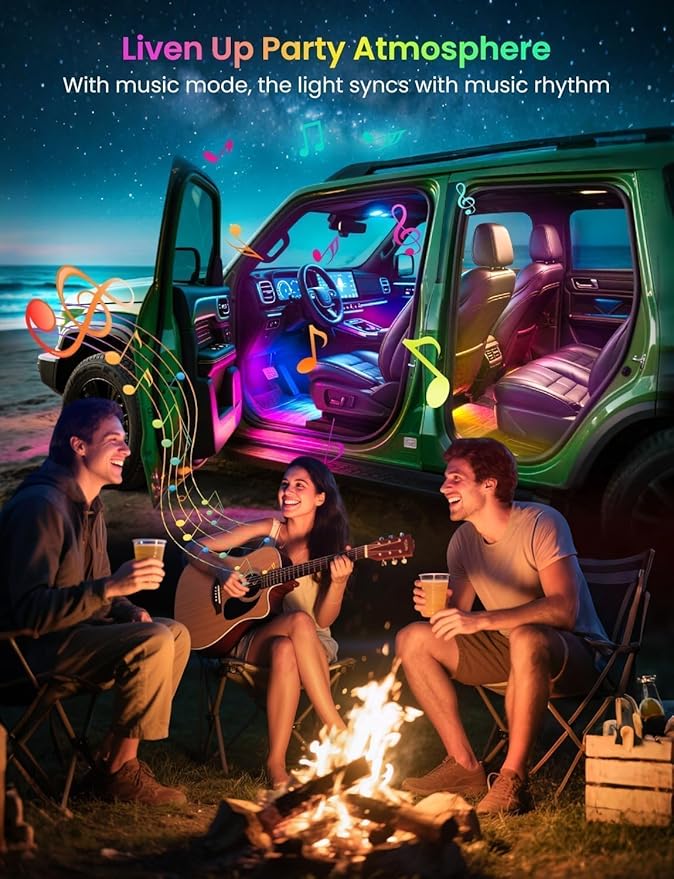 Led Lights for Car Accessories Interior, RGB+IC 48 LED Car Interior Light, 16 Million Colors Strip Light, APP Remote Control with USB Port Color Change Under Dash Lighting for SUVs, Trucks