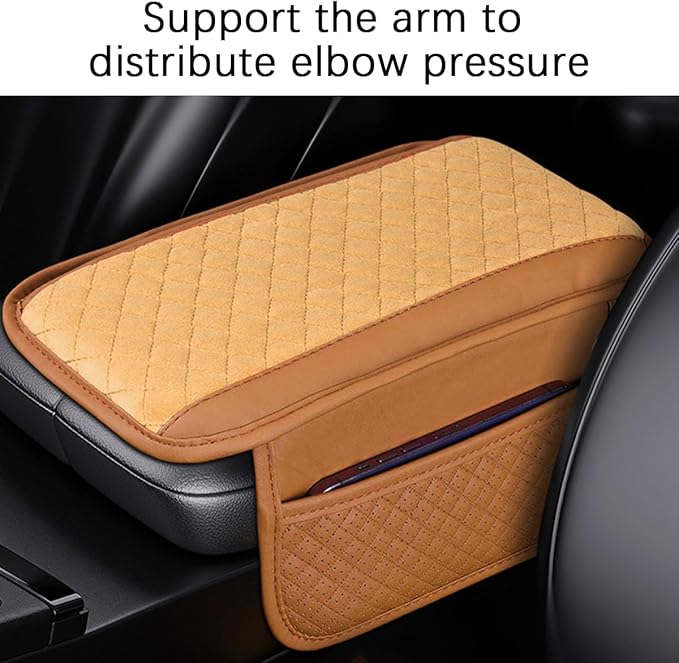 Car Center Console Cover, Leather Vehicle Armrest Cushion Pad with 2 Storage Bags, Auto Interior Middle Console Storage Box Protector Accessories, Universal for SUV, Sedan, Truck (Brown)