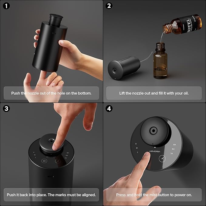 Airversa Waterless Essential Oil Diffuser for Home Aromatherapy Scent Diffusers with 3 Countdown Timer Settings or Timer-Off, 3 Mist Levels for Car Room Studio Office, ANX Premium Metal Black