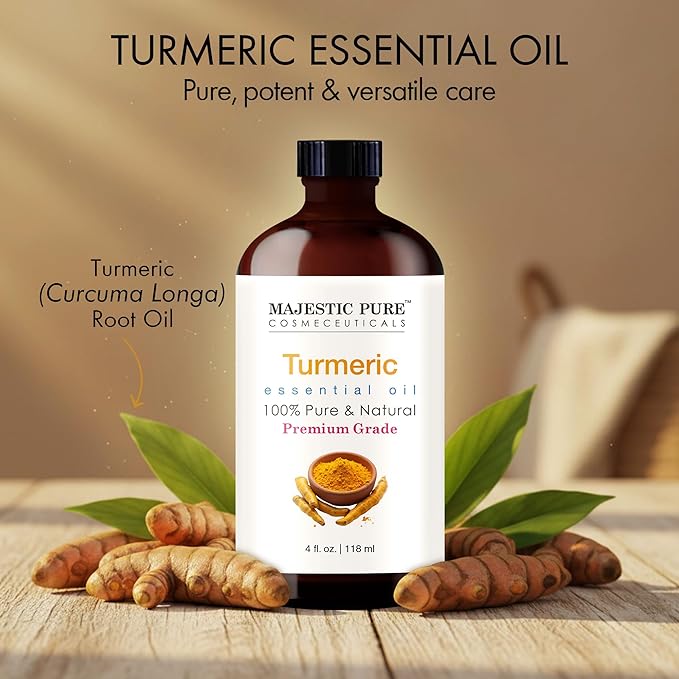 Majestic Pure Essential Oil with Glass Dropper - 100% Pure and Natural - Essential Oils for Diffuser, Aromatherapy, Soap and Candle Making, Turmeric Essential Oil, Turmeric Oil, 4 Fl Oz