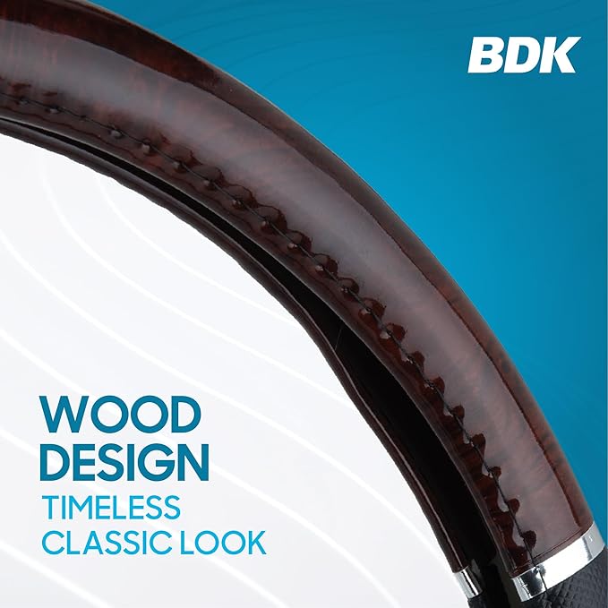 BDK Black Two-Tone 14.5-15 inch Woodgrain Pattern Dark Wood Steering Wheel Cover, 1 Pack