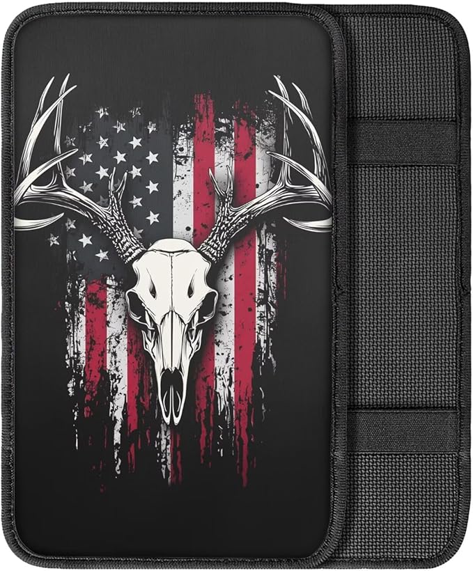 Deer Skull Print Car Center Console Pad American Flag Print Armrest Seat Box Cover Protector for Auto Interior Decor Dust-Proof Universal Neoprene Armrest Pad