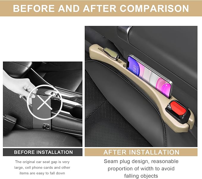 2 PCS Car Seat Gap Filler Organizer, Multifunctional Gap Fillers Between Seat and Center Console, Recessed Storage Organizer Stop Things from Dropping for Car Truck SUV (Beige)
