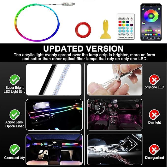 Acrylic Interior Car LED Strip Light with APP Remote Control,43.3in RGB Dreamcolor Acrylic Neon Flexible Strip Fiber Optic LED Ambient Lighting Kits,RGB Music Lights Sync for Inside car Decorations