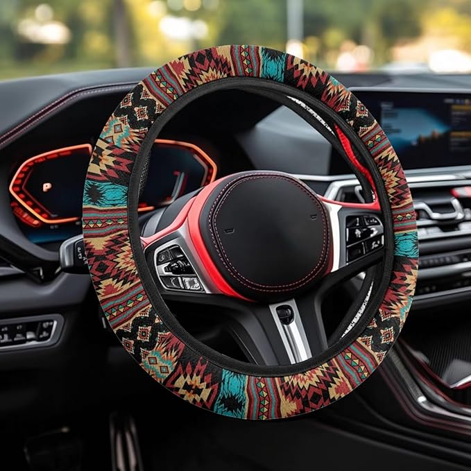 SEANATIVE Car Steering Wheel Cover for Men Breathable Anti Slip Auto Steering Wheel Covers fit Standard Size 15inches, Brown Aztec Geometric Print