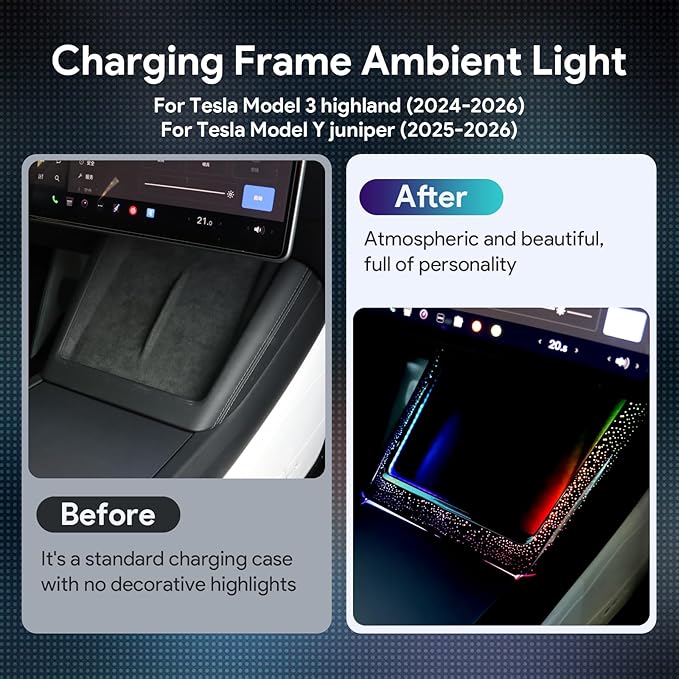 Ambient Lighting Wireless Charging Frame for 2025-2026 Tesla Model Y (Includes Juniper) 2024-2026 Tesla Model 3 PC Stylish Decorative Accessories (Little Starry Sky, Glossy Black)