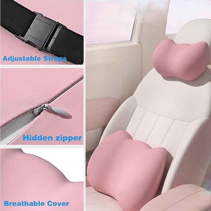 Lumbar Support Pillow for Car/Office Chair, Memory Foam Back Cushion for Car Seat, Lower Back Pillow Fits Most Cars, Trucks, with Adjustable Strap and Washable Cover, Back Pain Relief,Purple