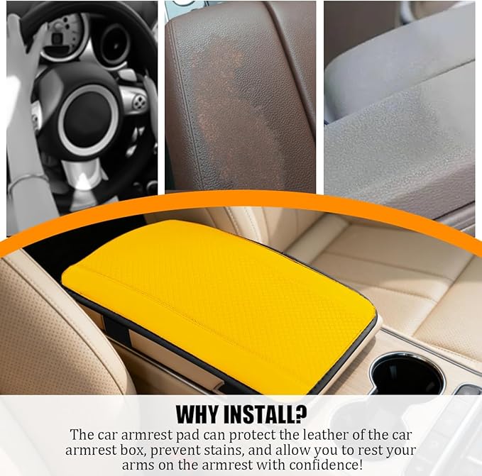 Car Center Console Cover, PU Leather Vehicle Armrest Seat Box Cover Protector, Comfortable Automotive Interior Arm Rest Cushion Pad Accessories, Universal for SUV Sedan Truck (Yellow)