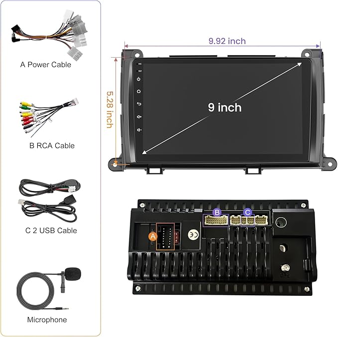 Car Radio Stereo for Toyota Sienna 2011-2014 Without JBL Sound System, Support Wireless Carplay/Android Auto/Mirrorlink, 9 Inch QLED Touchscreen with Bluetooth,FM Radio,DSP