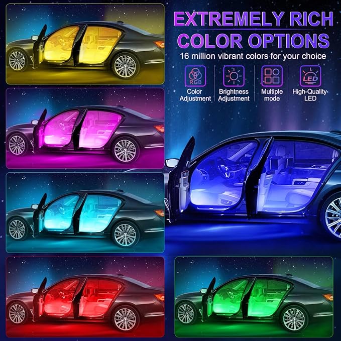LivTee Smart Car Interior Lights, RGB LED Accent Lights with App Control, DIY & Music Mode, 2 Lines Design LED Lights for Cars, 12V Cigarette Lighter Power, Car Accessories for Women