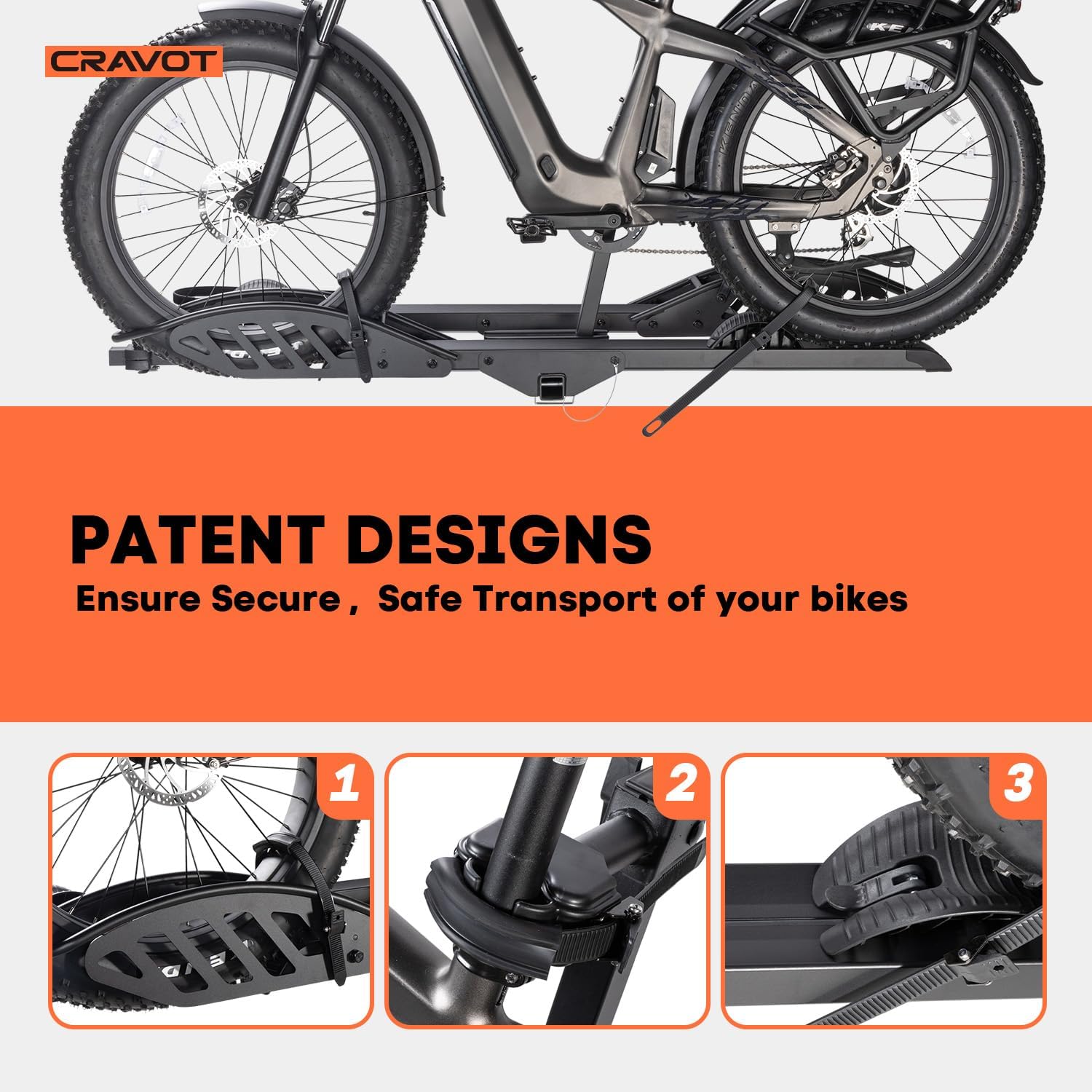 CyberRack E2 Hitch 2 EBike Rack with Ramp, 200 lbs Capacity Electric Bike Carrier Foldable Platform Mount, Up to 5-inch Fat Tire Bicycle for 2'' Receiver Cars Trucks SUVs Minivans RV, Trailer