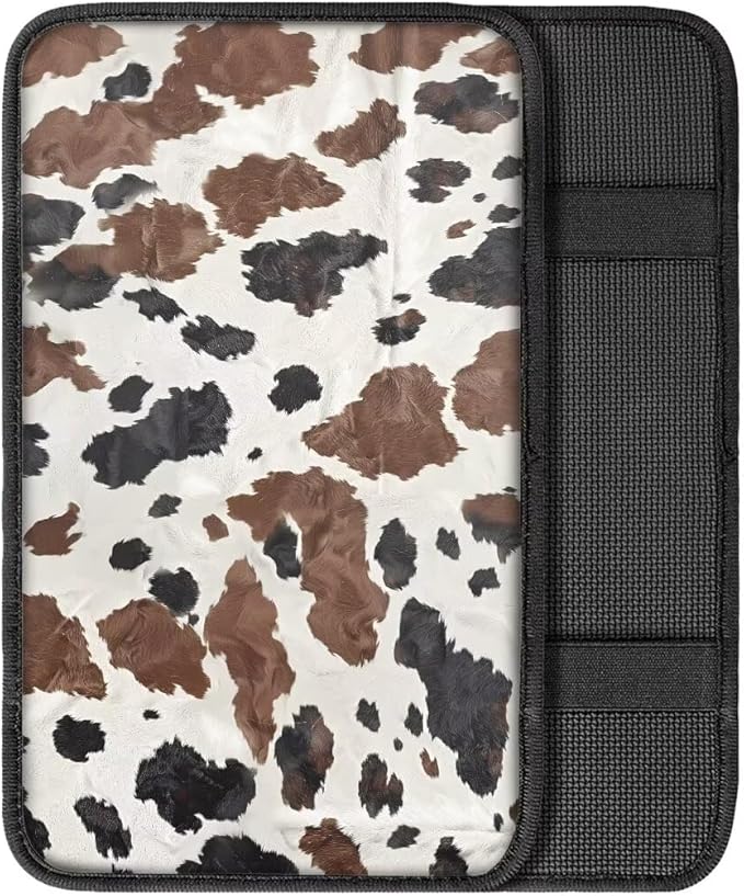 Coldinair Brown Cow Print Car Armrest Cover,Auto Center Console Pad,Soft Seat Box Cover Protector Cushion,Car Accessories Decor for Most Cars,Sedan,Truck,SUV
