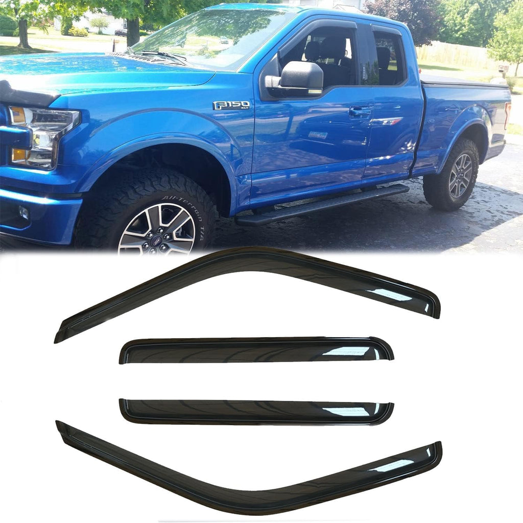 4pcs Original Shatterproof Outside Mount Style Side Window Visor Deflector Rain Guard Vent Window Visors for 97-03 F-150 97-99 F-250 Light Duty Super/Extended Cab with 2 Half Rear 94808