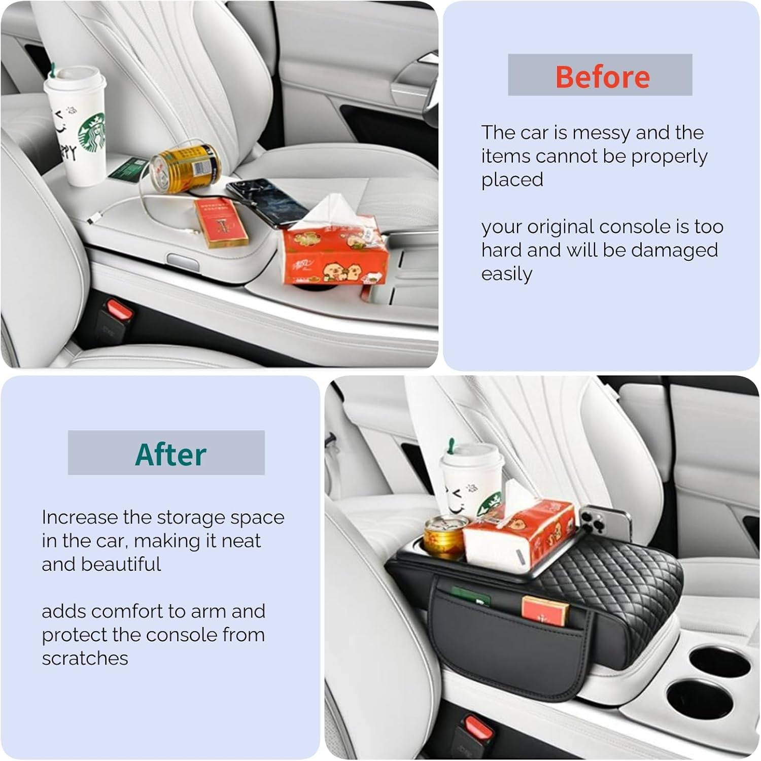 Upgrade Arm Rest Cover for Car, 5-in-1 Middle Console Cover Cushion Pad with Cup Holders & Side Pockets, Center Armrest Storage Box, Black