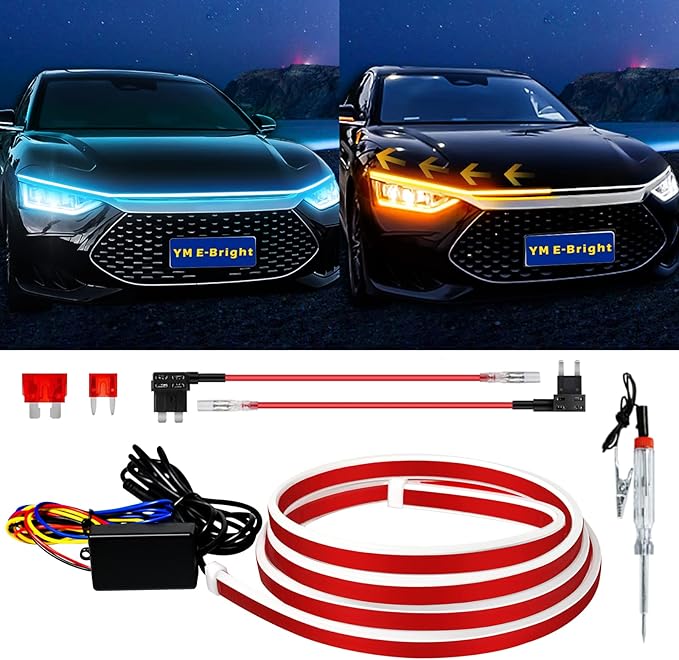 Dynamic Scan Start Up Hood Light Strip Sequential Flowing Turn Signal Lights Flexible Car Led Light Strip Exterior DRL Daytime Running Light,Dual Color Amber Ice Blue Switchback 12V 70inch (1Set)