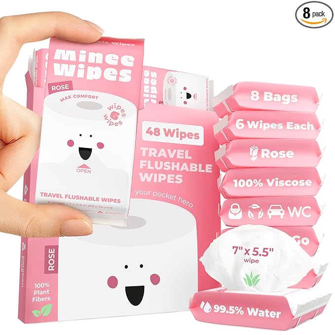 Impossibly Compact Travel Flushable Wipes - 99.5% Water and Aloe - Safe for Sensitive Skin - Travel Essentials for Adults, Kids & Babycare, Rose, 8 Pack 48 Wipes