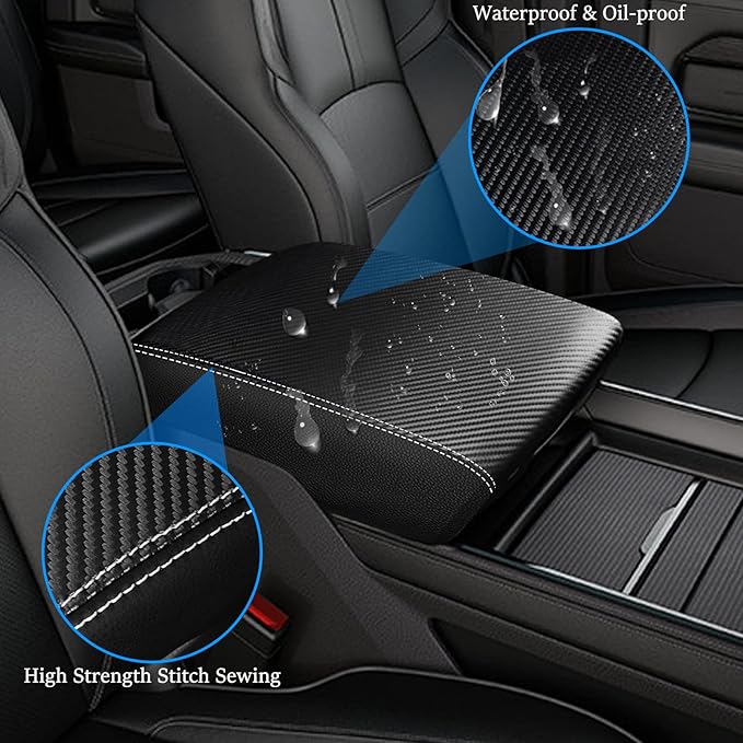 Center Console Cover Anti-Scratch Waterproof Leather Armrest Pad Protector Cushion for Dodge RAM 1500 2500 3500 2019 2020 2021 2022 2023 Interior Accessories(Carbon Fiber with Black)