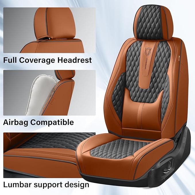 Coverado Front Seat Covers, Car Seat Covers Front Seats, Nappa Leather Seat Covers for Cars, Waterproof Seat Covers with Lumbar Support Universal Fit for Most Cars SUV Trucks (Front, Brown-Black)