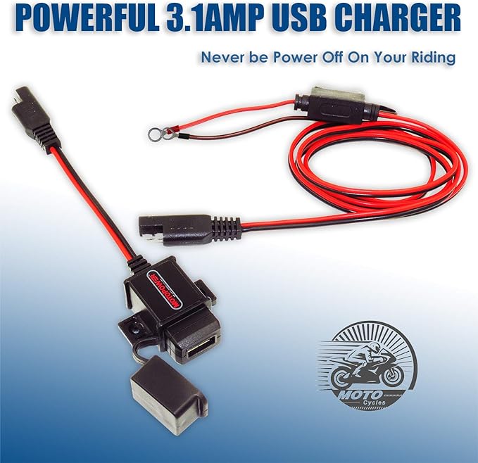 MOTOPOWER MP0609A 3.1Amp Motorcycle USB Port Kit SAE to USB Adapter On Motorcycle