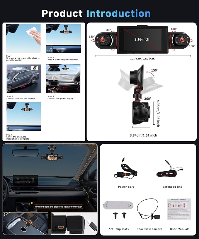 360°Dash Cam Front and Rear Inside Left Right, 4 Channel FHD 1080P Dash Cam for Cars,3 Inch Dashcams with Night Vision, Loop Recording, Motion Detection, 24H Parking Mode Monitor,Reverse View