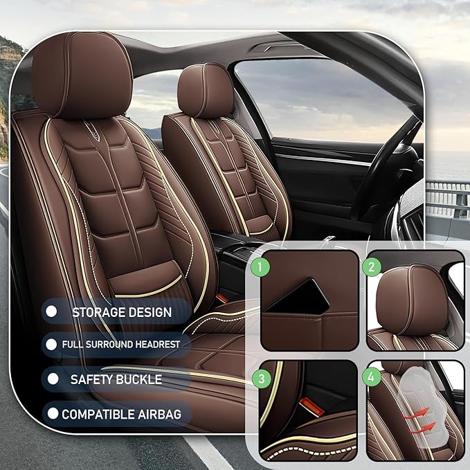 Leather Car Seat Covers Fit for Toyota Echo 2000-2005, 5 Seater Car Seat Cover, Premium Waterproof, Scratch Resistant Car Interior Accessories (Full Set Coffee)