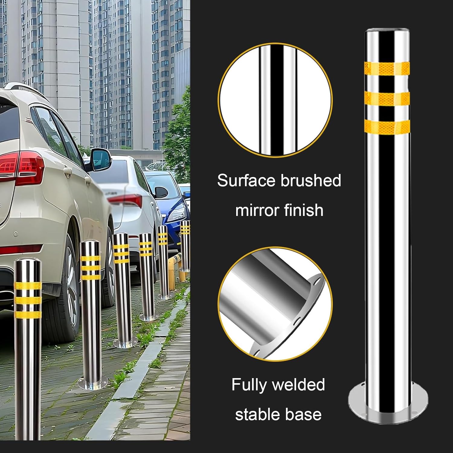 Stainless Steel Parking Bollards for Driveway, Industrial Safety Bollards Reflective Channelizer Post, Parking Barrier, Sturdy and Durable, Easy to Install, for Crowd Control(Silver (4pcs),7.6*75cm/3*