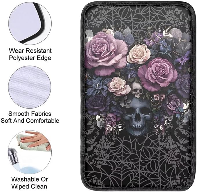 Skull Rose Print Armrest Cushion Cover for Car Dirt-Resistant & Scratch Proof Auto Armrest Seat Box Cover Protector Universal Fit Auto Interior Decor
