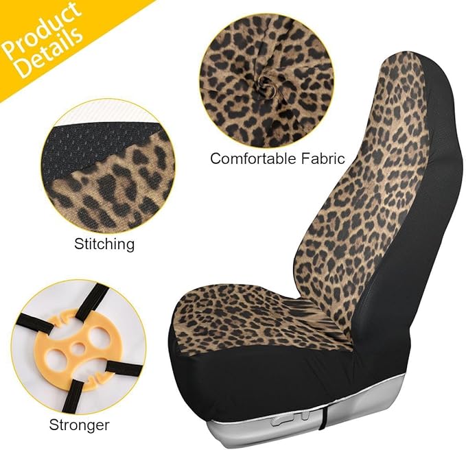 Brown Leopard Print Car Seat Covers Set of 2,Abstract Cheetah Pattern Wild Animal Skin Texture Universal Auto Front Seat Cushion Protector for Women Cute Car Accessories Fit for Car Truck