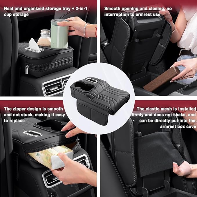 Car Armrest Storage Box for Cadillac SRX 2004–2016 2013 2014 2015, Sport-Style Center Console Organizer with Side Pocket, PU Leather Armrest Cushion, Elbow Support Pad,B White