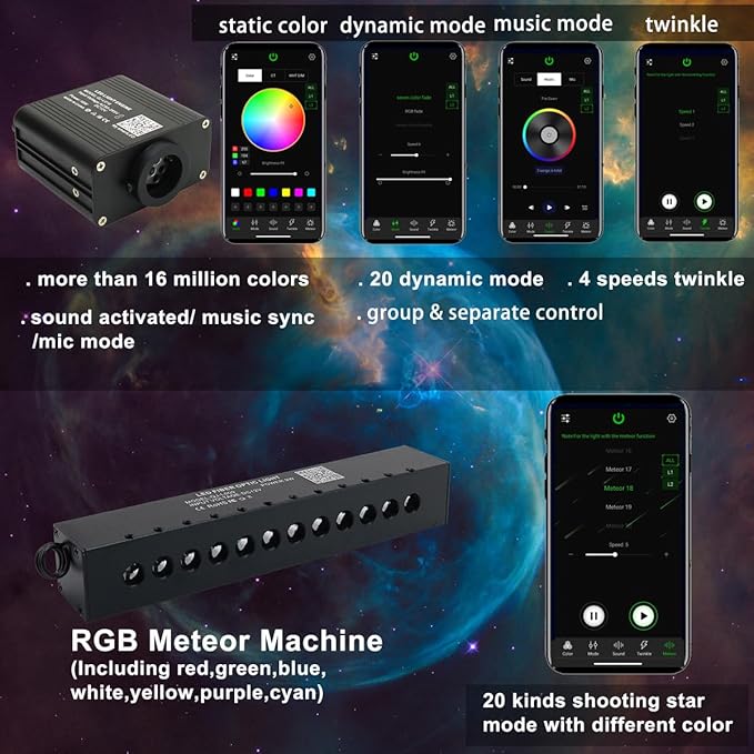 AZIMOM 16W Twinkle & Sound Activate 600pcs*0.03in*13.1ft Fiber Optic Starlight Headliner Kits+RGB Meteor Shooting Star,APP& Remote Control Light Engine End Glow Fiber Strands Home Car Ceiling Décor