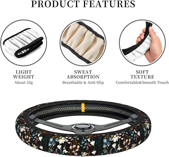 Chic Wildflowers Steering Wheel Cover for Men Women Universal Car Accessories 15 Inch Neoprene Auto Interior Decor
