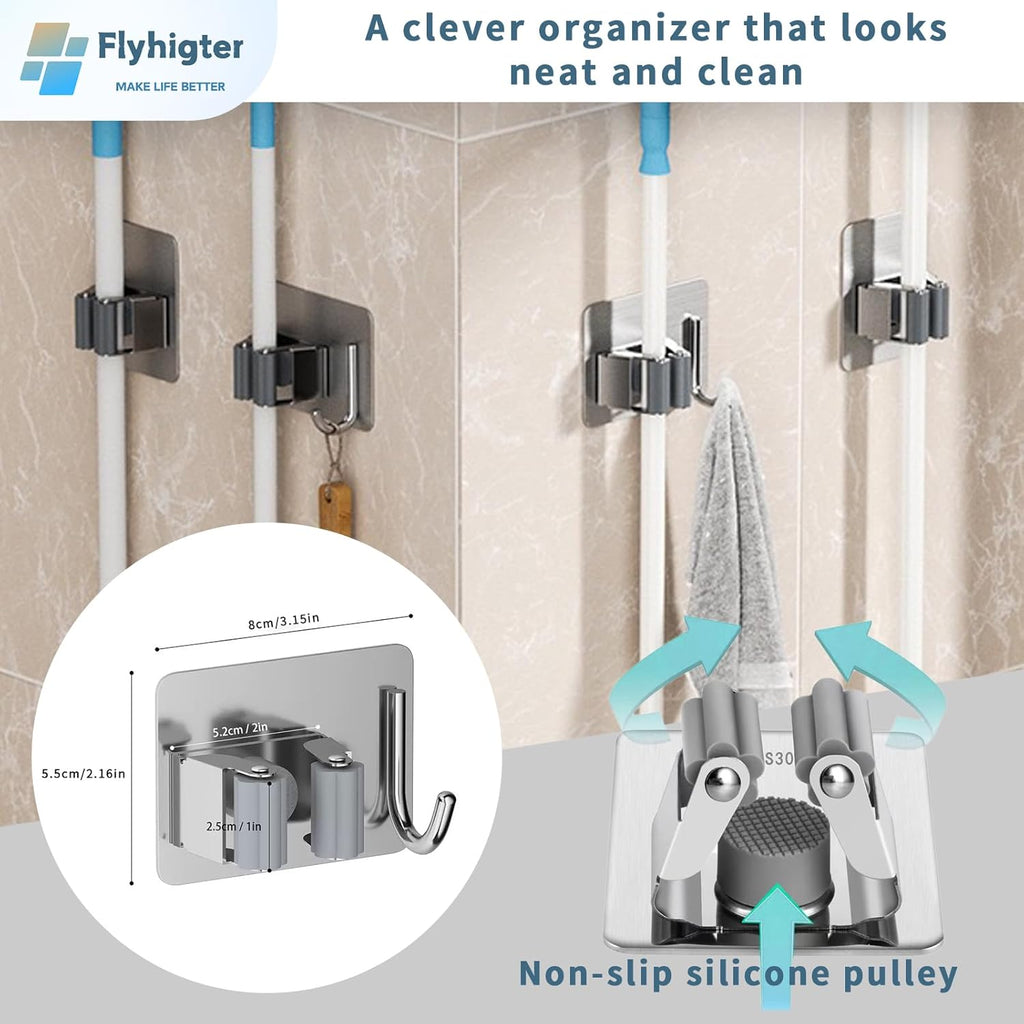 6 Pack Stainless Steel Mop and Broom Holders – Wall Mounted Grippers with Adhesive or Nail-Free Glue, No-Drill Installation for Kitchen, Bathroom, Garage
