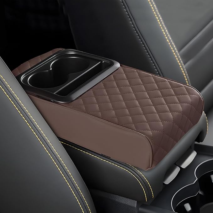 Car Center Console Armrest Pillow, 13.19"×7.87" Leather Car Arm Rest Cover, Memory Foam Auto Armrest Cushion with Cup Holder Phone Slot, Universal Vehicle Middle Console Cushion Pad (Coffee)
