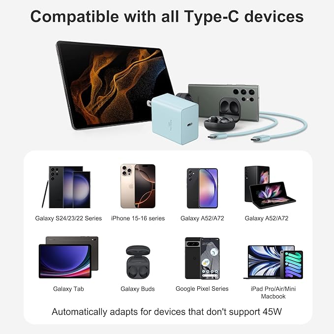 USB C Charger Type C Charger Fast Charging 10FT 45W Samsung Chargers 2-Pack with iPhone Air/17/17 Plus/17 Pro/17 Pro Max/16/16 Plus/16 Pro/16 Pro Max/15/15 Pro Max/iPad Pros/Galaxy S25 S24(Blue)