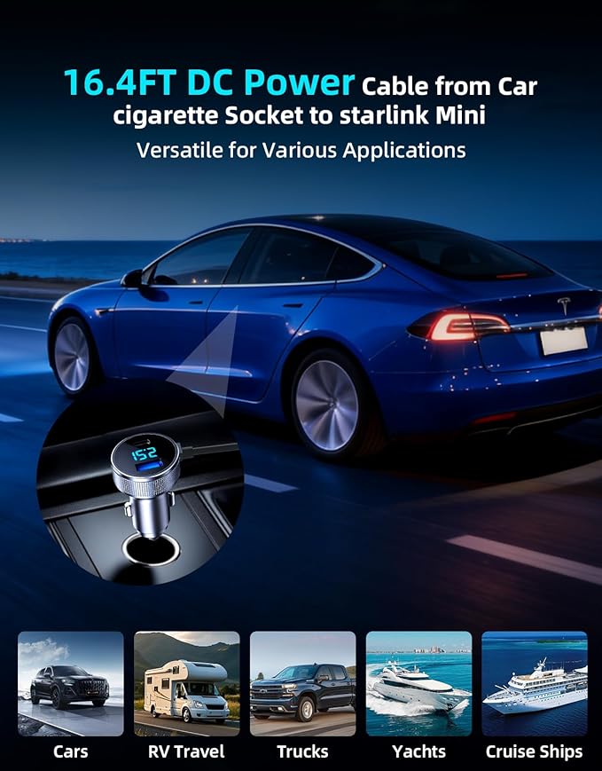 Starlink Mini Cable, 4-in-1 Starlink Mini Car Charger DC Power Cable + 12V-48V Cigarette Lighter Adapter with Digital Display, USB-C PD 45W and Dual USB-A 35W Ports for Cars, Suitable for Car (16.4FT)